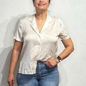 Johnny Was Calme Cream Satin Collared Blouse Sz M NWT